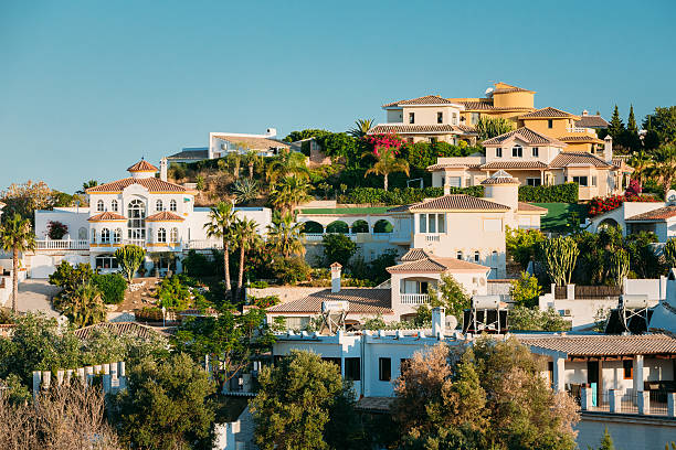 Mijas In Malaga, Andalusia, Spain. Summer Cityscape. Mijas In Malaga, Andalusia, Spain. Summer Cityscape. The Village With Whitewashed Houses mijas pueblo stock pictures, royalty-free photos & images