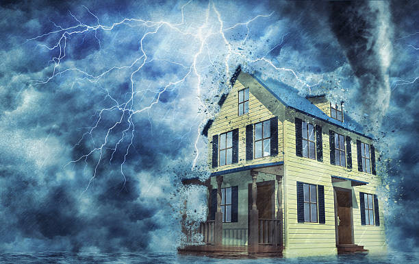 casa 3d in tempesta - lightning house storm rain foto e immagini stock
