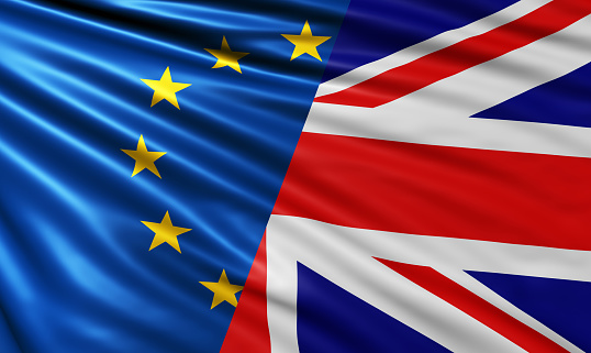 A stock 3D render illustration showing an English Union Jack flag blended with a European Union Flag. Perfect for designs or articles about the European Union, Brexit, Article 50 or the EU.