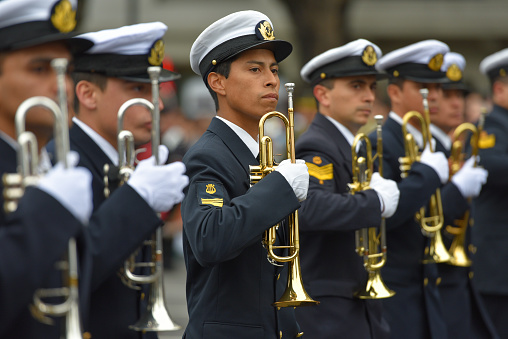 Buenos Aires, Argentina - July 11, 2016: Members of the Argentine military band at the parade during celebrations of the bicentennial anniversary of Argentinean Independence day.