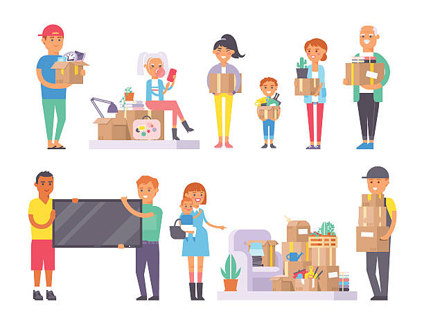 Happy young couple moving in new house People moving movement apartment together. Happy young couple moving in new house. Woman carrying boxes together with family. Different person unpacking box vector character set. blurred motion people walking stock illustrations