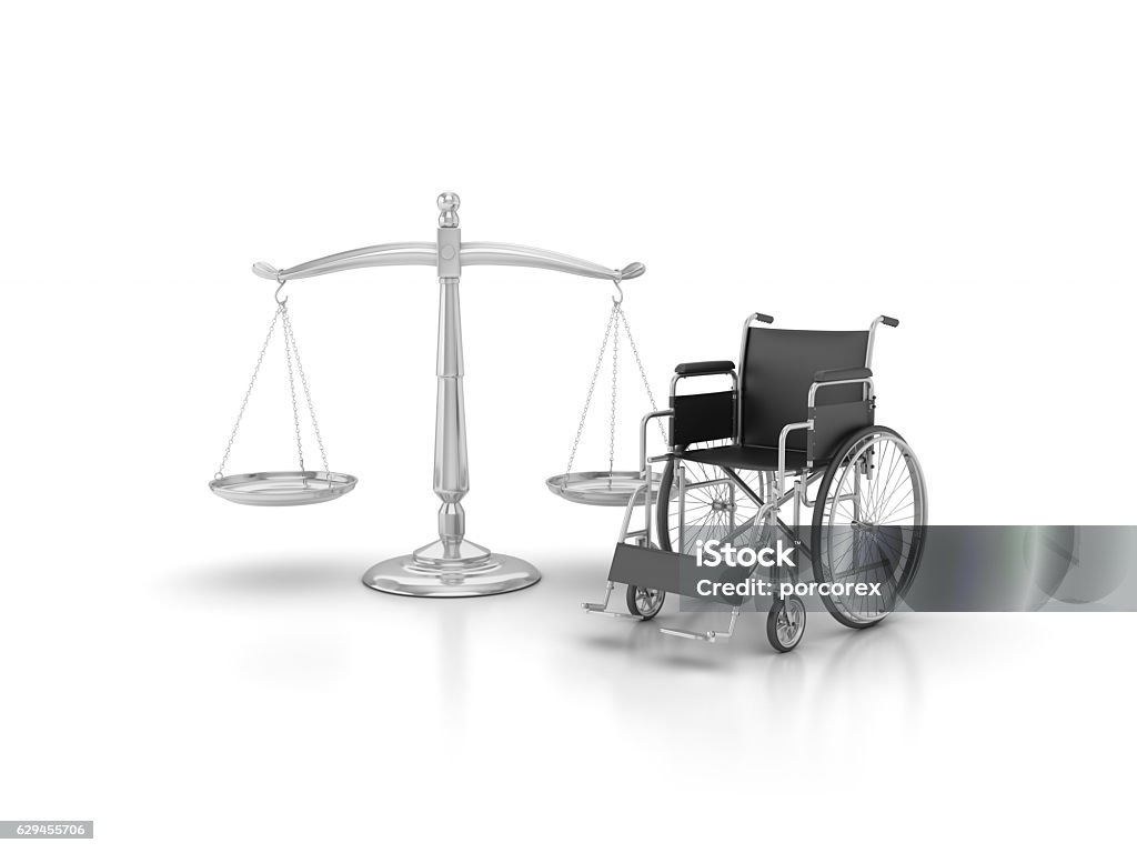 Wheelchair with Scales of Justice - 3D Rendering Wheelchair with Scales of Justice - White Background - 3D Rendering Disability Stock Photo