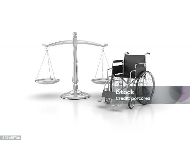Wheelchair With Scales Of Justice 3d Rendering Stock Photo - Download Image Now - Disability, Justice - Concept, Legal System