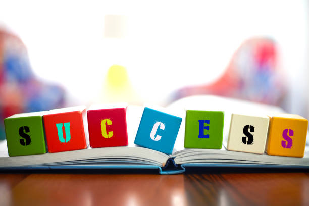 SUCCESS ,  word Concept with Six building blocks placed on the open book