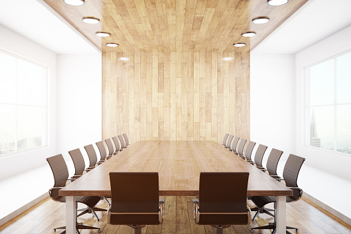Modern conference interior with blank wooden wall, equipment and city view. Mock up, 3D Rendering