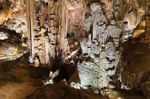 famous Nerja Caves, Nerja, Malaga, Andalusia, Spain. Formations; Stalactites and stalagmites in the famous Nerja Caves, In Nerja, Málaga Province, Andalusia, Spain. nerja caves stock pictures, royalty-free photos & images