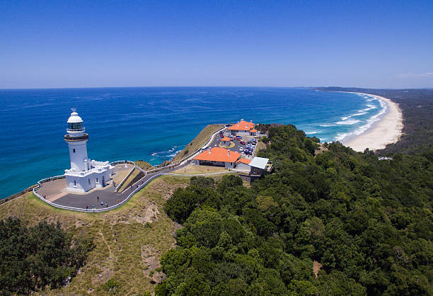 Byron Bay Lighthouse Aerial image of the most eastern point in mainland Australia. byron bay stock pictures, royalty-free photos & images