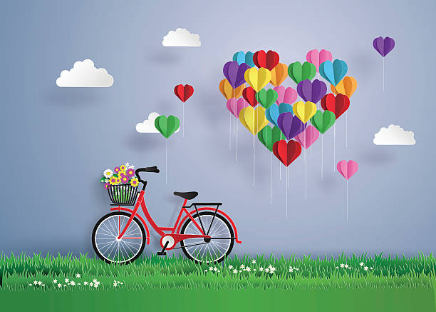 草の上に駐車赤いバイク - valentines day origami romance love点のイラスト素材／クリップアート素材／マンガ素材／アイコン素材
