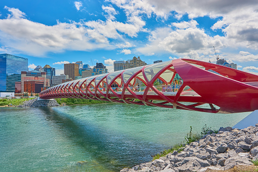 Calgary, Alberta, Canada - July 30, 2016. The Peace Bridge is one of the most visited place in Calgary, visited by tourists and locals. It was opened in 2012, and cost over 20 million dollars.