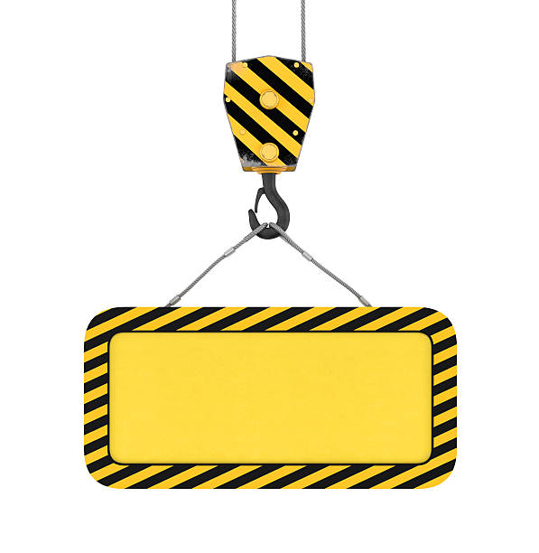 istock Rendering of yellow board hanging on hook with two ropes 629484080