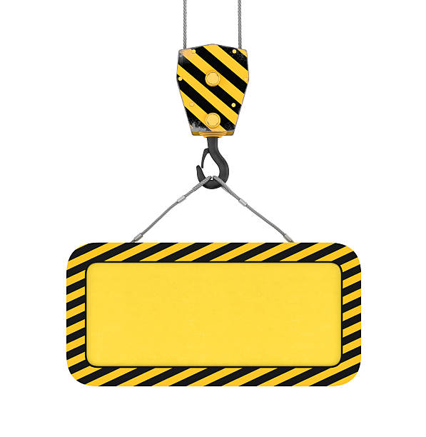 Rendering of yellow board hanging on hook with two ropes 3d rendering of yellow board hanging on a hook with two ropes isolated on the white background. Building industry. Building materials. Materials transportation. winch cable stock pictures, royalty-free photos & images