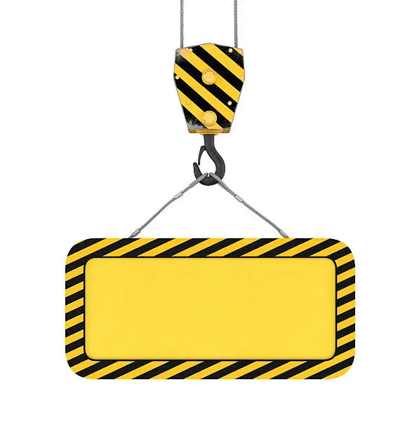 3d rendering of yellow board hanging on a hook with two ropes isolated on the white background. Building industry. Building materials. Materials transportation.