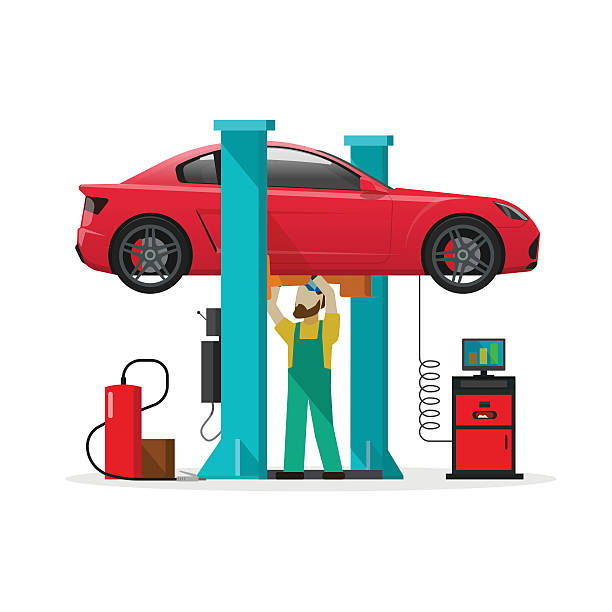 ilustrações, clipart, desenhos animados e ícones de estação de oficina de reparos de carros, reparador, ferramentas de diagnóstico automático, oficina mecânica - garage