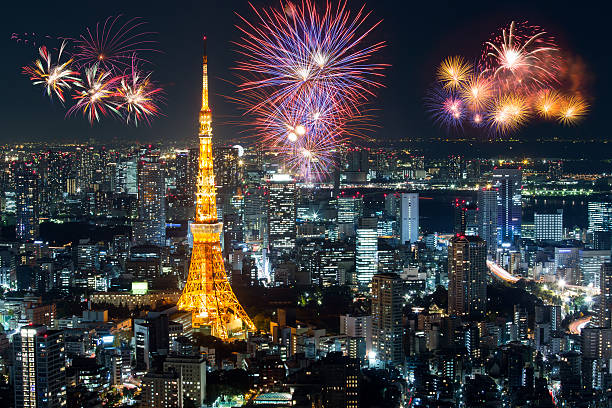 istock Beautiful fireworks over abstract modern building in city celebrates 629508664