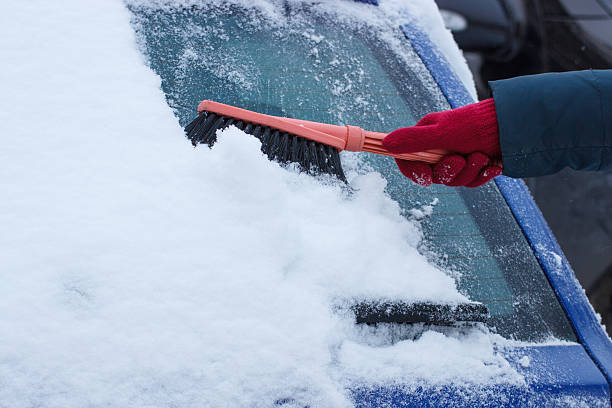 istock Hand of woman using brush and remove snow from car 629508898