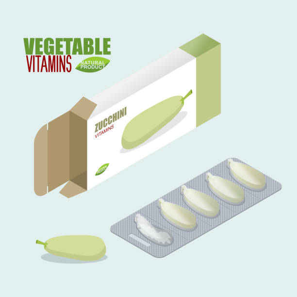 ilustrações, clipart, desenhos animados e ícones de pílulas de abobrinha na embalagem. vitaminas vegetarianas. caixa de comprimidos. natura - vitamin pill agriculture nature close up