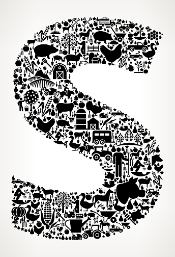 Letter S Farming and Agriculture Black Icon Pattern . The black vector icons create a seamless pattern and include popular farming and agriculture. This black and white icon patter inclides: Farm house, farm animals, fruits and vegetables and seasonal food items. The icons are carefully arranged on a light background and vary in size.