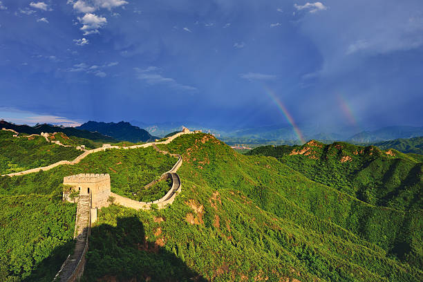Great wall after thunderstorm, Beautiful double rainbow appears, China.