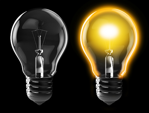 3d illustration of light bulb, power on, and power off, over black background