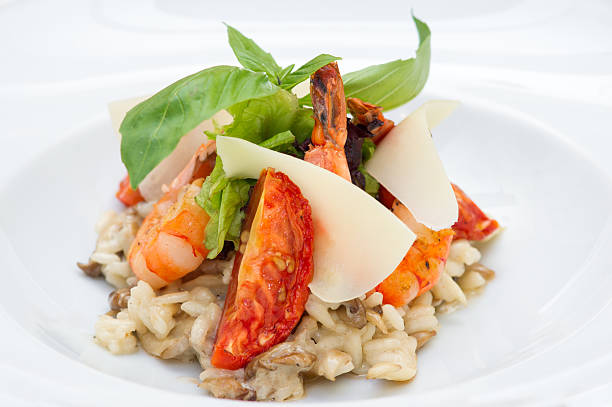 istock Breakfast with shrimp, cheese, cherry tomatoes and cooked bulgur 629530724