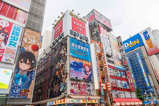 Tokyo, Japan - September 16, 2016: Crowds pass below colorful signs in Akihabara. The historic district electronics has evolved into the shopping area for video games, anime, manga, and computer goods.\u2028