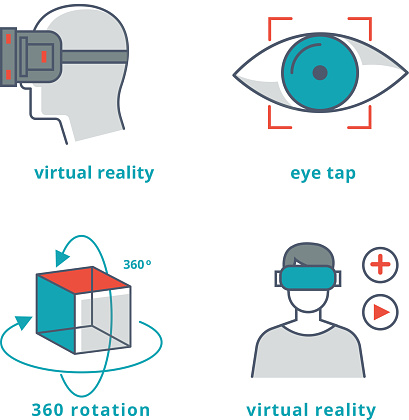 Virtual reality signs set for 3D games and 360 panorama video. Cyberspace and simulation virtual reality illustration