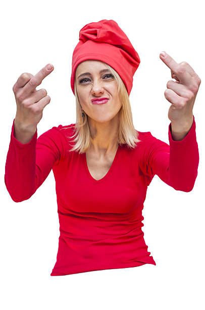 chapéu vermelho, mulher loira mostrando gesto obsceno, dedos do meio - coarseness - fotografias e filmes do acervo