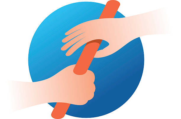 Relay race baton and two hands color illustration Relay race baton and two hands color illustration. Teamwork run concept logo. Team relay icon. professional runner stock illustrations