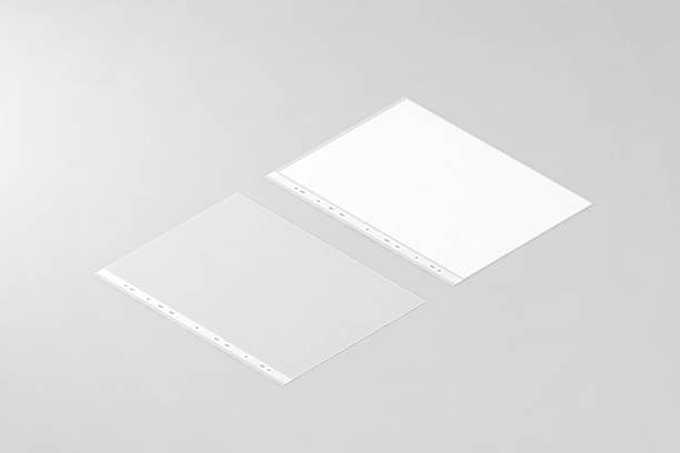 Empty document protector and blank white A4 paper sheet mockup Empty document protector and blank white A4 paper sheet mockup in transparent plastic sleeve, isometric, 3d rendering. Cellophane business form pocket mock up. Plain worksheet envelope isolated. protective sportswear stock pictures, royalty-free photos & images