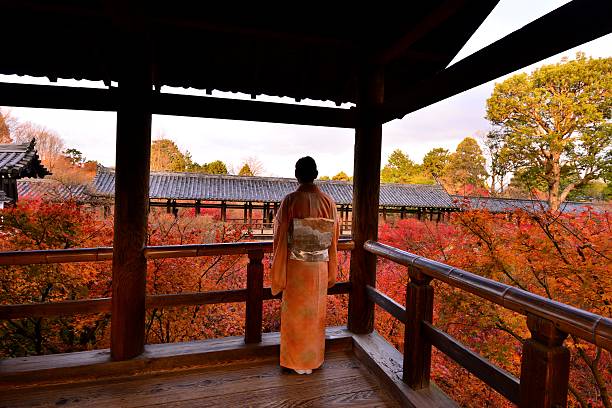японская женщина в кимоно и осенняя листва в тофуку-дзи, киото - japanese maple leaf tree green стоковые фото и изображения