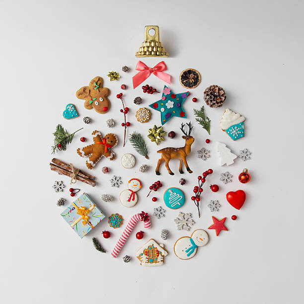 Christmas ball made of decoration elements. Flat lay.