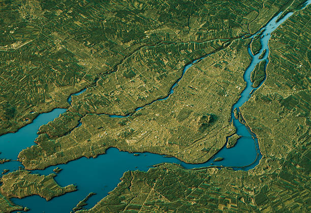 Montreal 3D Landscape View South-North Natural Color 3D Render of a Topographic Map of Montreal, Canada. ottawa river stock pictures, royalty-free photos & images