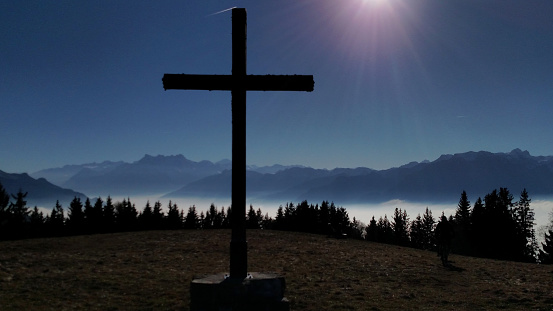 Christian cross on mountain Les Pleiades Vevey Vaud Switzerland Europe
