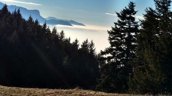 valley fogs filling Lake Geneva Basin Les Pleiades Vaud Swwitzerland