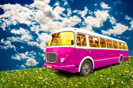 Retro bus parked in meadow on a background of the blue sky.