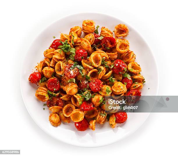 Pasta With Meat Tomato Sauce And Parmesan Stock Photo - Download Image Now - Pasta, White Background, Plate