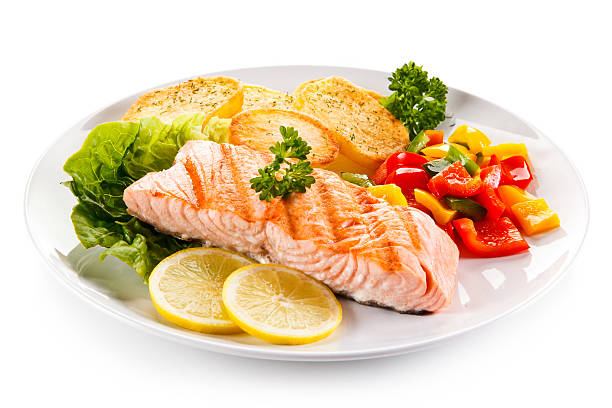 istock Grilled salmon and vegetables 629559184