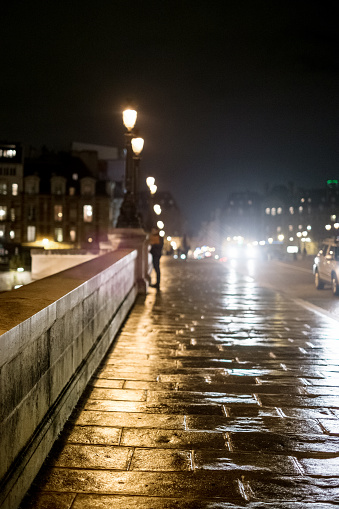 Paris street lights  at night with wet cobblestone