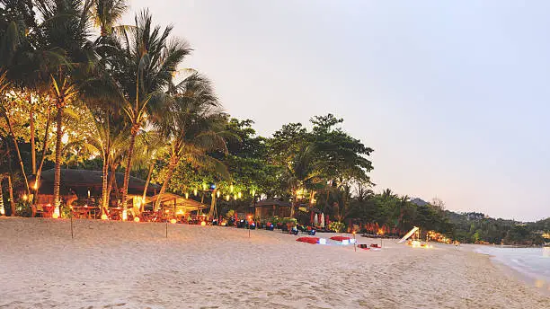 Evening Phangan beach with white sand and cristal clear water