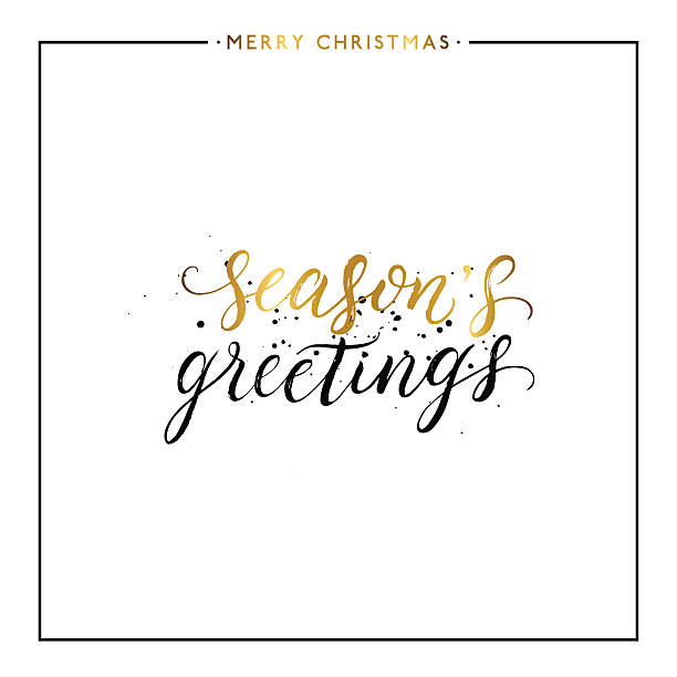 Seasons greetings gold text with black splashes Seasons greetings gold text with black splashes isolated on white background, hand painted letter, golden vector christmas lettering for holiday card, poster, print, invitation,handwritten calligraphy hello stock illustrations