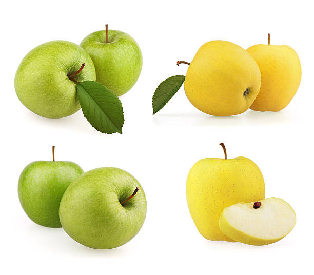 istock Set green and yellow apples on white 629569494
