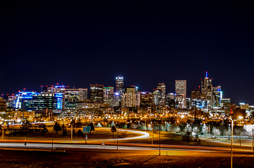 a long exposure photograph of downtown Denver, Colorado at night. 