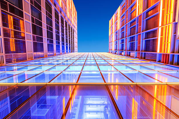 Modern skyscrapers glass wall in the evening