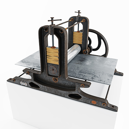 vintage printing press machine isolated. 3d rendering