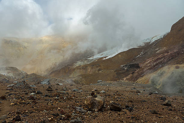 istock Beautiful slopes Mutnovsky volcano shrouded in clouds. 629584454