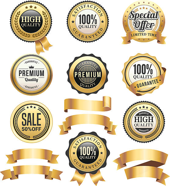 ilustrações de stock, clip art, desenhos animados e ícones de gold badges and ribbons set - elegance seal stamper success badge