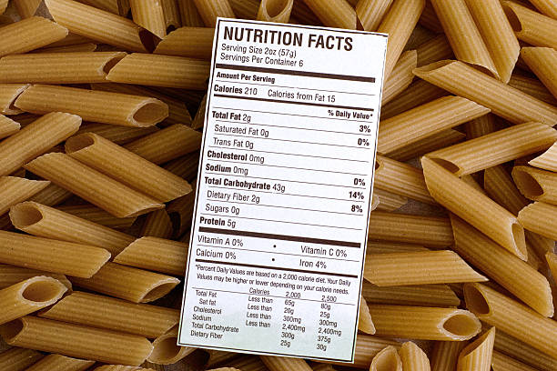 Nutrition facts of Brown Rice Pasta Nutrition facts of Brown Rice Pasta on pasta background. Gluten free concept. nutrition label stock pictures, royalty-free photos & images