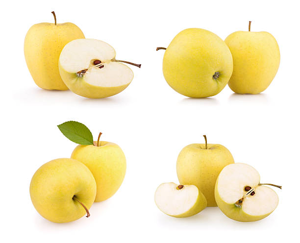 istock Set yellow apple fruits isolated on white 629590724