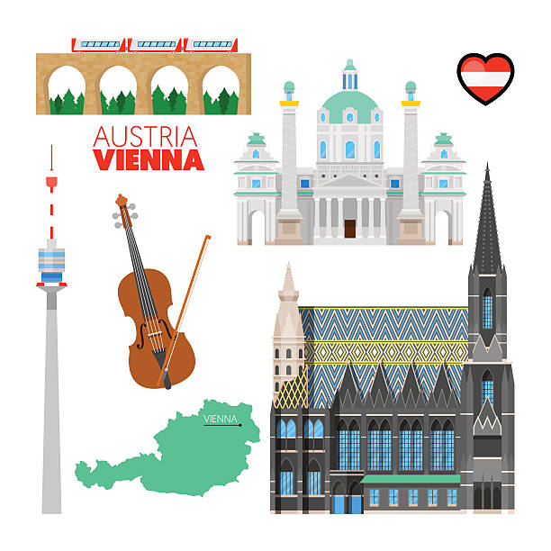 vienna austria travel doodle mit architektur - österreichische kultur stock-grafiken, -clipart, -cartoons und -symbole