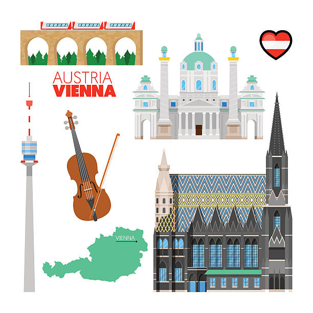 illustrazioni stock, clip art, cartoni animati e icone di tendenza di vienna austria travel doodle con architettura - chiesa di san carlo immagine